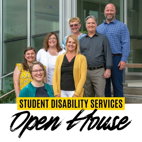 Student Disabilities Staff posing on some stairs with the text: "Student Disability Services Open House" overlayed