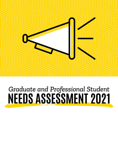Contains a bullhorn icon and the text "Graduate and Professional Student Needs Assessment 2021"