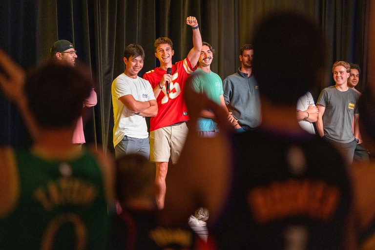 New fraternity members celebrate joining their fraternities during the IFC's Bid Day