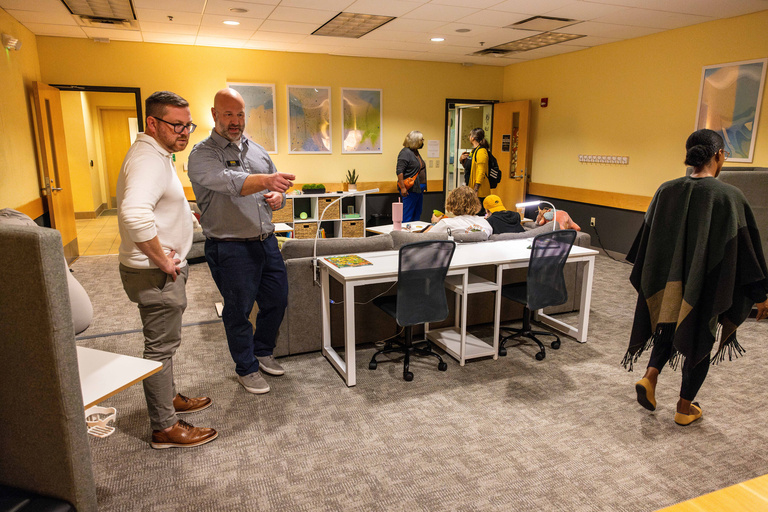 Students and staff visit the newly opened Student Disability Services Lounge and hear remarks from President Wilson.