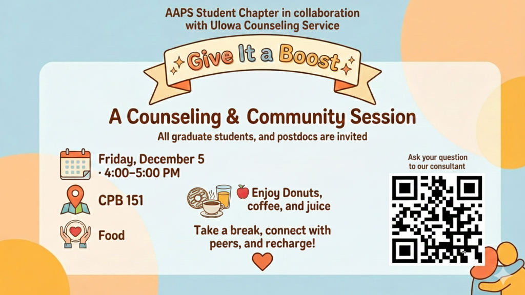 UI College of Pharmacy AAPS Student Chapter "Give It A Boost: A Counseling & Community Session" promotional image